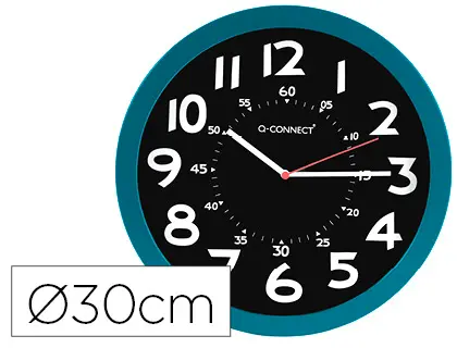Imagen Reloj q-connect de pared plastico oficina redondo 30 cm color azul y esfera color negro