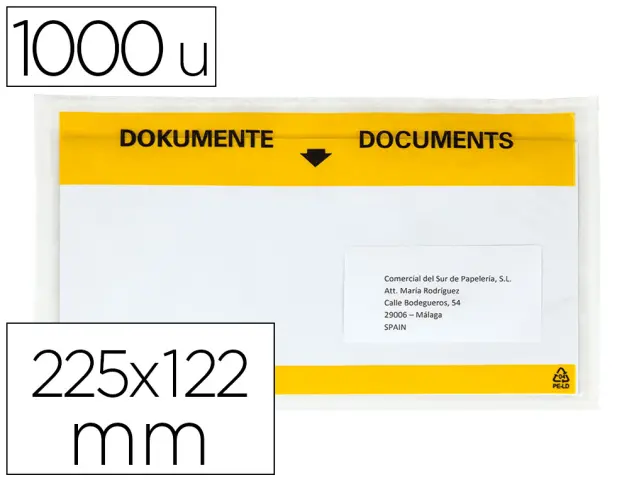 Imagen Sobre autoadhesivo q-connect portadocumentos multilingue 225x122 mm ventana totalmente transparente paquete de 1000
