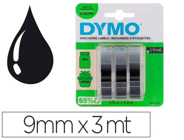 Imagen Cinta dymo 3d 9mm x 3mt para rotuladora omega/junior color negro blister 3 unidades