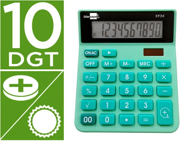 Imagen Calculadora liderpapel sobremesa xf24 10 digitos solar y pilas color verde 127x105x24 mm
