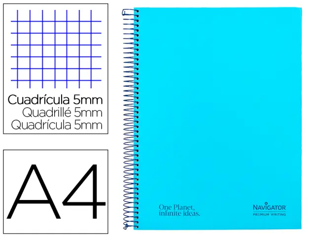 Imagen Cuaderno espiral navigator a4 micro a4 tapa forrada 120h 80gr cuadro 5mm 5 bandas 4 taladros color celeste