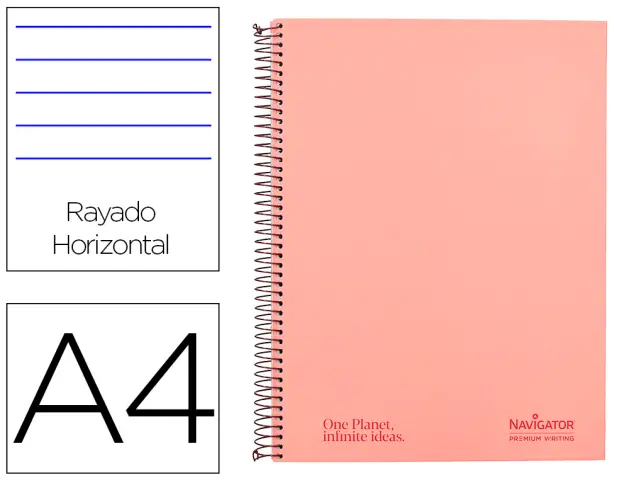 Imagen Cuaderno espiral navigator a4 micro tapa forrada 120h 80gr horizontal 5 banda 4 taladros rosa