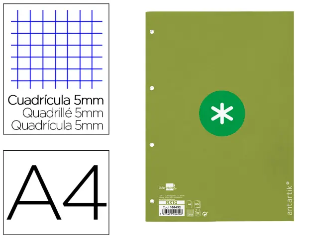 Imagen Recambio liderpapel a4 antartik 80 hojas 90g/m2 cuadro 5mm 4 taladros 1 banda con marco color verde