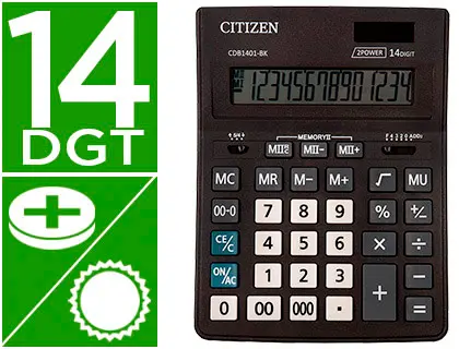 Imagen Calculadora citizen sobremesa business line eco eficiente solar y pilas 14 digitos 200x157x35 mm