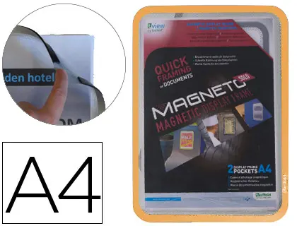 Imagen Marco porta anuncios tarifold magneto din a4 con 4 bandas magneticas en el dorso color naranja pack de 2 unidades