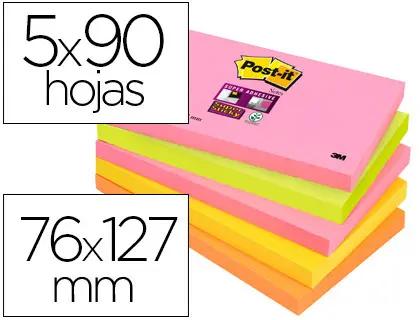 Imagen Bloc de notas adhesivas quita y pon post-it super sticky 76x127 mm con 90 hojas pack de 5 bloc colores surtidos