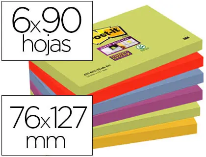 Imagen Bloc de notas adhesivas quita y pon post-it super sticky 76x127 mm con 90 hojas pack de 6 bloc colores surtidos
