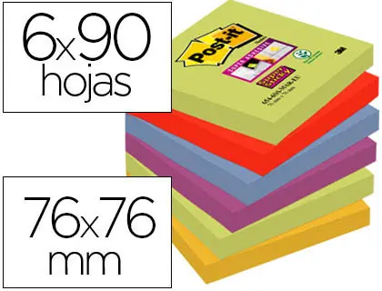 Imagen Bloc de notas adhesivas quita y pon post-it super sticky 76x76 mm con 90 hojas pack de 6 bloc colores surtidos