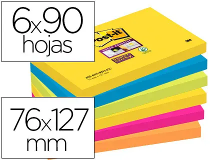 Imagen Bloc de notas adhesivas quita y pon post-it super sticky 76x127 mm con 90 hojas pack de 6 bloc colores surtidos