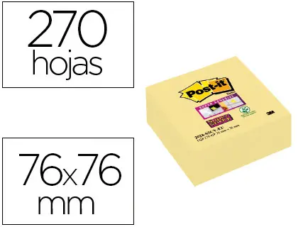Imagen Bloc de notas adhesivas quita y pon post-it super sticky 76x76 mm cubo con 270 hojas amarillo canario