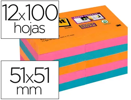 Imagen Bloc de notas adhesivas quita y pon post-it super sticky 51x51 mm pack de 12 bloc colores intensos surtidos
