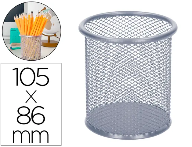 Imagen Cubilete portalapices q-connect plata metal redondo rejilla diametro 86 mm alto 105 mm.