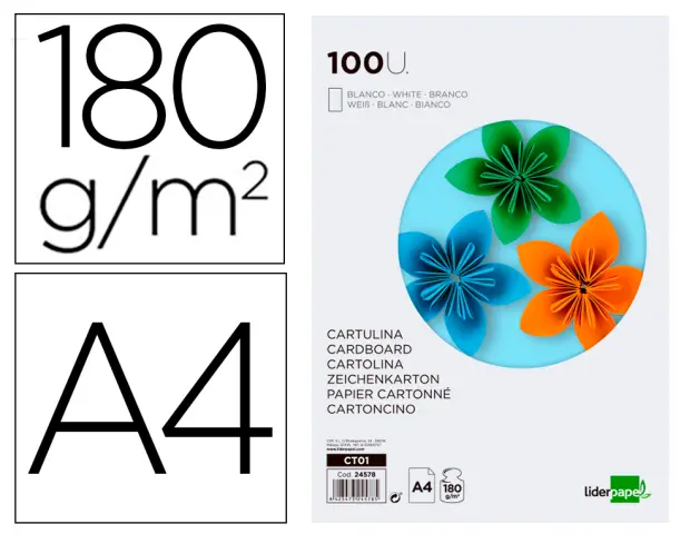 Imagen Cartulina liderpapel a4 180g/m2 blanco paquete de 100