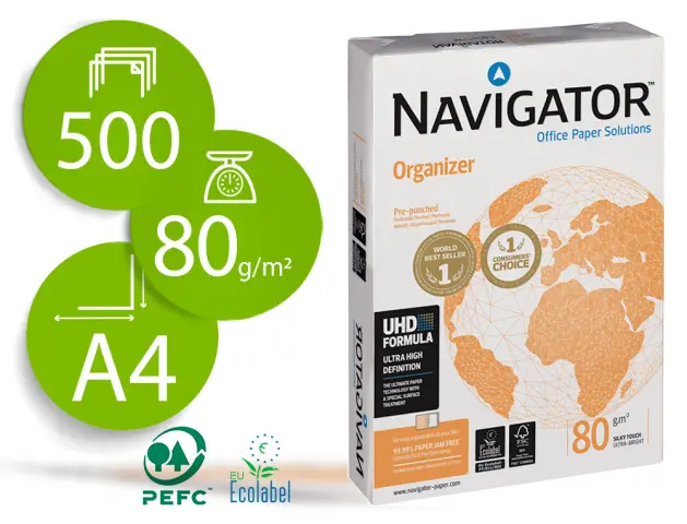 Imagen Papel fotocopiadora navigator din a4 80 gramos -4 taladros papel multiuso ink-jet y laserpaquete de 500 hojas