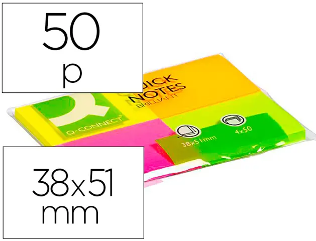 Imagen Bloc de notas adhesivas quita y pon q-connect 40x50 mm con 50 hojas fluorescentes pack de 4 unidades.