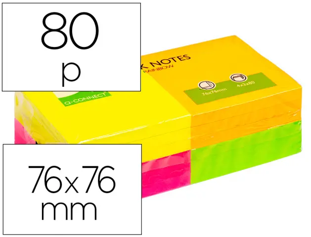 Imagen Bloc de notas adhesivas quita y pon q-connect 75x75 mm con 80 hojas fluorescentes pack de 12 surtidas en 4 colores