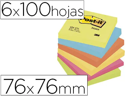 Imagen Bloc de notas adhesivas quita y pon post-it 76x76 mm neon pack de 6 blocs surtido
