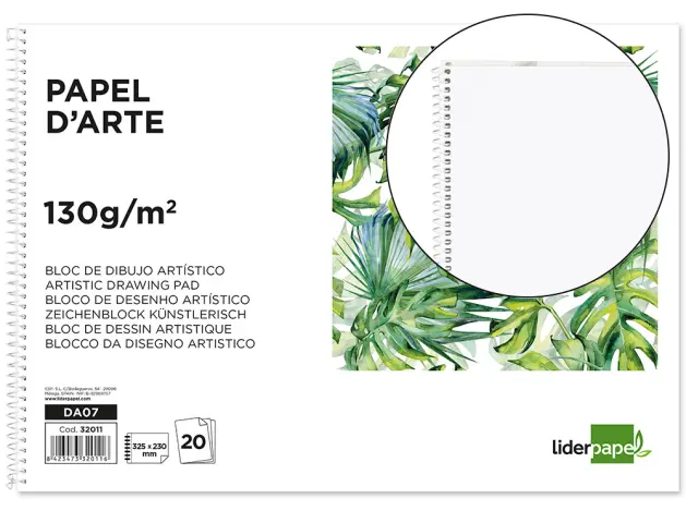 Imagen Bloc dibujo liderpapel artistico espiral 230x325mm 20 hojas 130g/m2 sin recuadro perforado