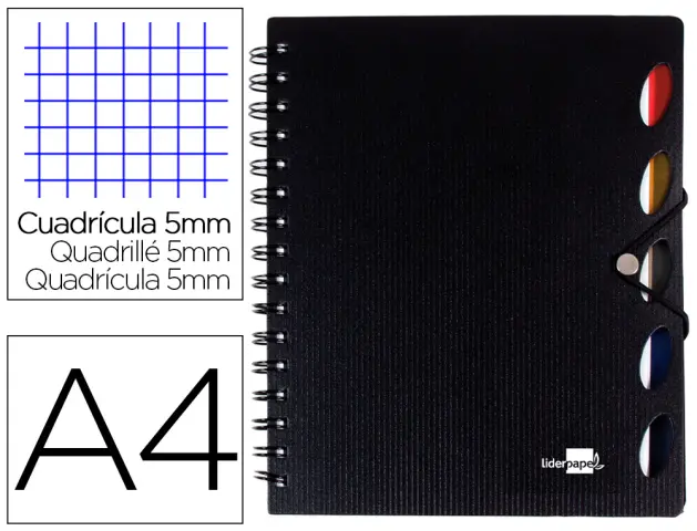 Imagen Cuaderno espiral liderpapel a4 micro executive tapa plastico 100h 80 gr cuadro 5mm 5 separadores con gomilla negro.