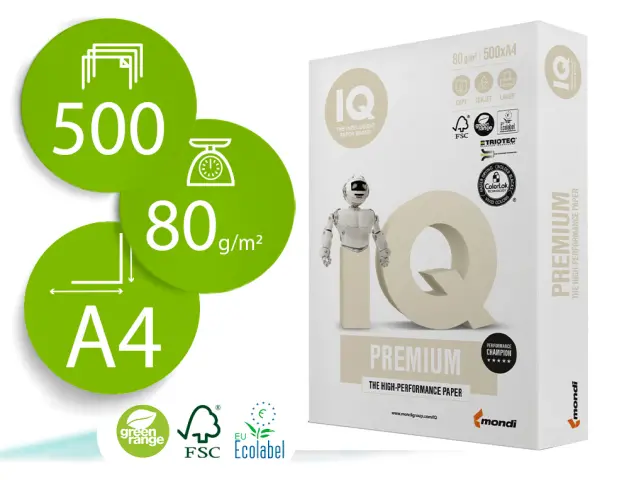 Imagen PAPEL IQ PREMIUM DIN A4 80 GRAMOS PAQ. 500 HOJAS