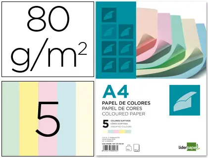 Imagen Papel color liderpapel a4 80g/m2 5 colores surtidos paquete de 500