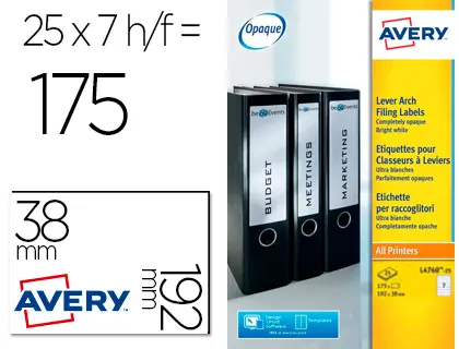 Imagen Etiqueta adhesiva avery permanente blanca 38x192 mm para lomo archivador laser caja de 175 unidades