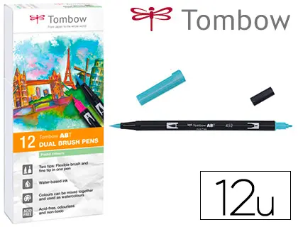 Imagen Rotulador tombow acuarelable doble punta pincel colores pastel estuche de 12 unidades colores surtidos