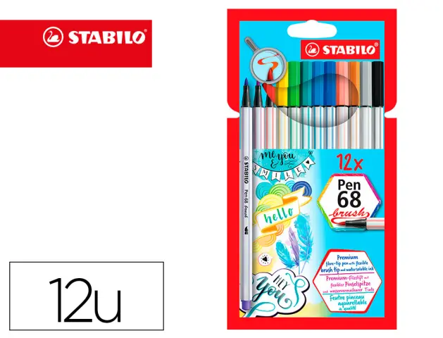 Imagen Rotulador stabilo acuarelable pen 68 brush punta pincel estuche de 12 unidades colores surtidos