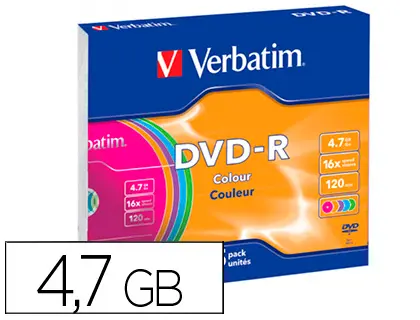 Imagen Dvd-r verbatim azo capacidad 4.7gb velocidad 16x 120 min pack de 5 unidades colores surtidos caja slim
