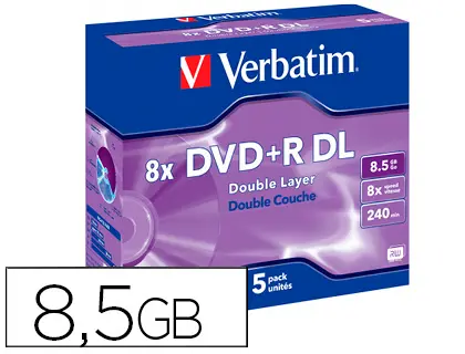 Imagen Dvd+r verbatim doble capa capacidad 8.5gb velocidad 8x 240 min pack de 5 unidades