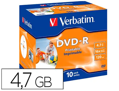 Imagen Dvd-r verbatim imprimible capacidad 4.7gb velocidad 16x 120 min pack de 10 unidades
