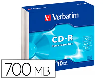 Imagen Cd-rom verbatim extra proteccion capacidad 700mb velocidad 52x 80 min pack de 10 unidades caja slim