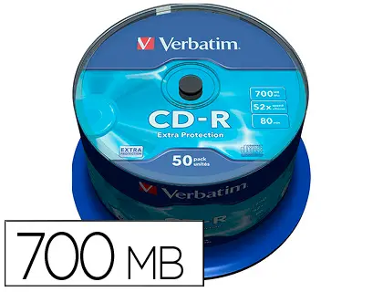 Imagen Cd-r verbatim capacidad 700mb velocidad 52x 80 min tarrina de 50 unidades