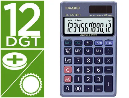 Imagen Calculadora casio sl-320ter bolsillo 12 digitos tax +/- conversion moneda tecla doble cero color azul