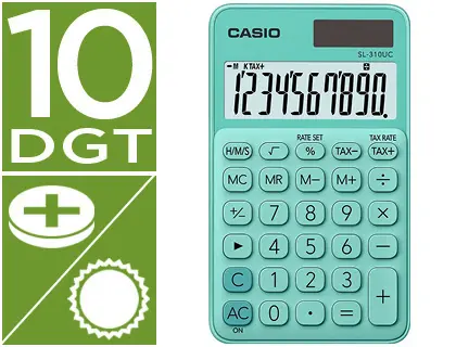 Imagen Calculadora casio sl-310uc-gn bolsillo 10 digitos tax +/- tecla doble cero color verde