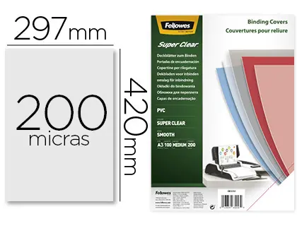 Imagen Tapa de encuadernacion fellowes din a3 pvc transparente cristal 200 micras pack de 100 unidades