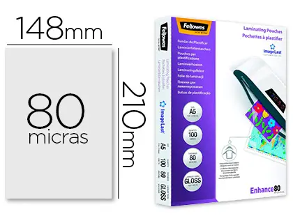 Imagen Bolsa de plastificar fellowes brillo din a5 80 micras pack 100 unidades