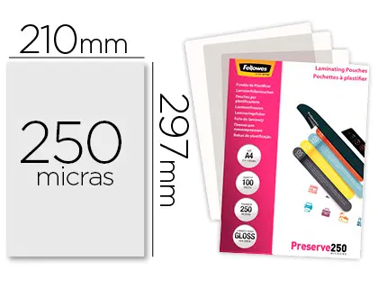 Imagen Bolsa de plastificar fellowes brillo din a4 250 micras pack de 100 unidades