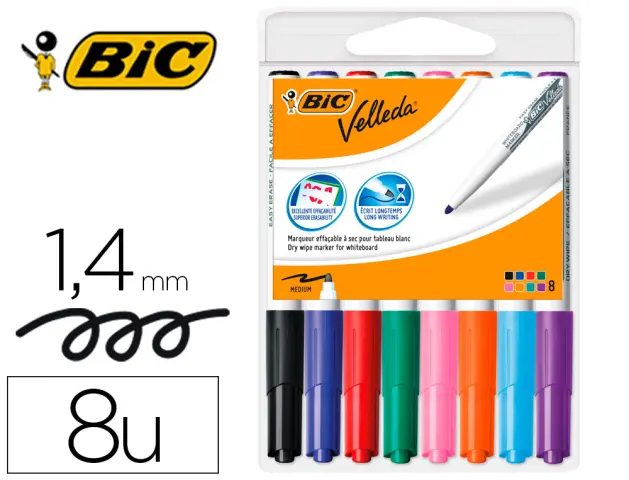 Imagen Rotulador bic velleda para pizarra punta redonda 2 mm bolsa de 8 unidades colores surtidos