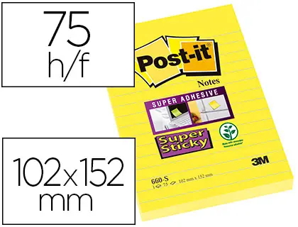 Imagen Bloc de notas adhesivas quita y pon post-it super sticky rayado amarillo ultra 102x152 mm
