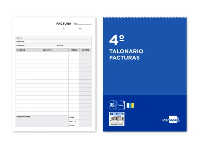 Imagen Talonario liderpapel facturas cuarto original y 2 copias t316 con i.g.i.c.