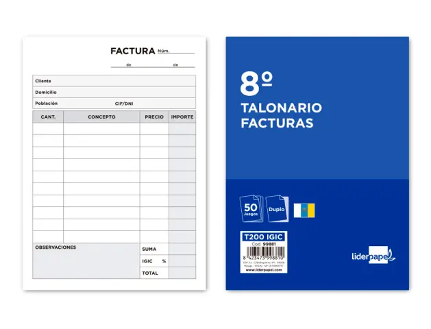 Imagen Talonario liderpapel facturas 8 original y copia t200 con i.g.i.c