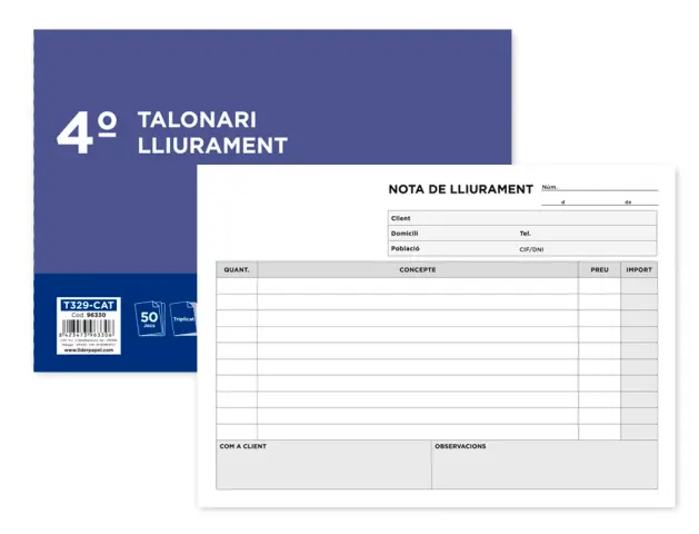 Imagen Talonario liderpapel entregas cuarto original y 2 copias t329 apaisado texto en catalan