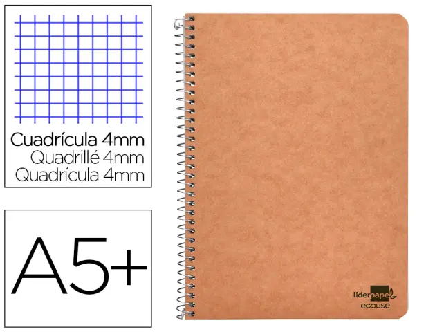 Imagen Cuaderno espiral liderpapel cuarto ecouse tapa cartulina kraft 80h papel reciclado 80 grcuadro 4mm