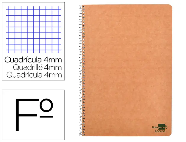 Imagen Cuaderno espiral liderpapel folio ecouse tapa cartulina kraft 80h papel reciclado 80 gr cuadro 4mm con margen