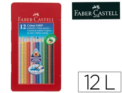 Imagen Lapices de colores faber castell acuarelable colour grip triangular caja metalica de 12 colores surtidos