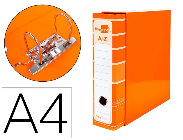 Imagen Archivador de palanca liderpap el a4 filing system forrado sin rado lomo 80mm naranja con caja y compresor metalico