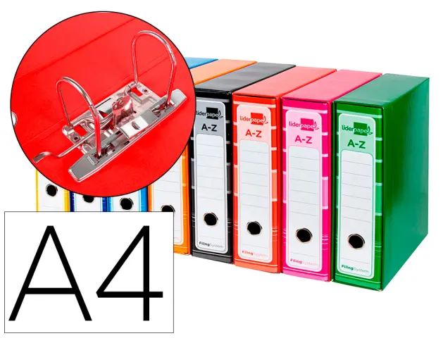 Imagen Archivador de palanca liderpapel a4 filing system forrado sin rado lomo 80 mm colores surtidos con caja y