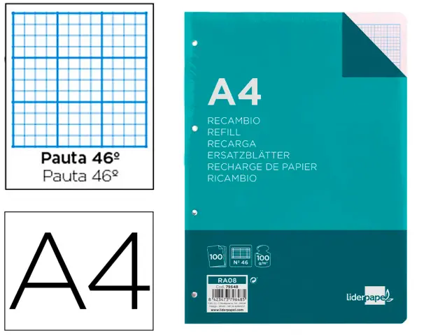 Imagen Recambio liderpapel a4 100 hojas 100 g/m2 rayado n 46 4 taladros