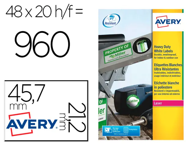 Imagen Etiqueta adhesiva avery poliester plata 45,7 x 21,2 mm laser pack de 960 unidades